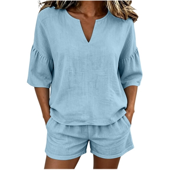 PRINxy Women Summer Fashion Matching Set Solid V Neck Lace Detail Short Sleeve Top Elastic Waist Casual Shorts Soft Breathable Leisure Two Piece Suit Light Blue XL