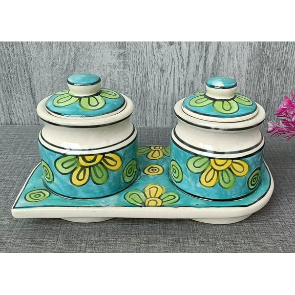 India Meets India Handmade Ceramic Tray & Jars [Cyan] Pickle/Candy/Spices/Snacks/Tea/Coffee/Sugar Jars w/ Lid, Tray - 6 x 3 in and Jars - 3.5 x 2.5 in