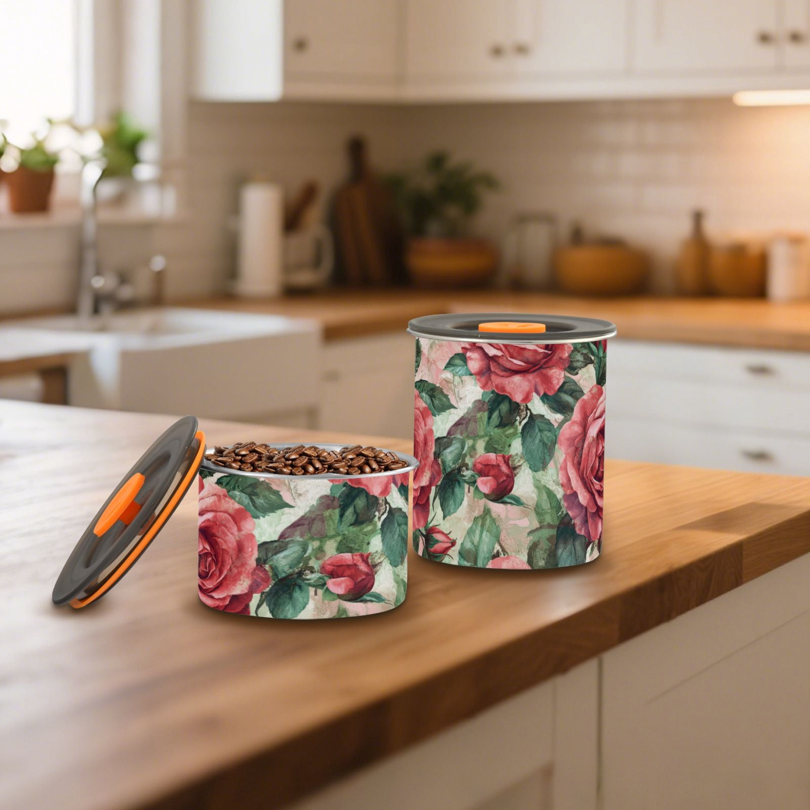 Red Rose Flowers Painting Airtight Coffee Bean Canister 30oz Food Storage Containers with Lids For Gournd, Tea, Sugar, Flour, Rice, Cereal, Candy Cookie Jar
