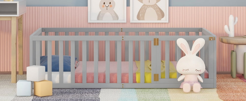 Twin Size Floor Bed Frame for Kids, Solid Wood Montessori Bed Frame with Fence Rail and Door, Montessori Floor Bed Wood Full Bed Frame for Boys and Girls, Gray