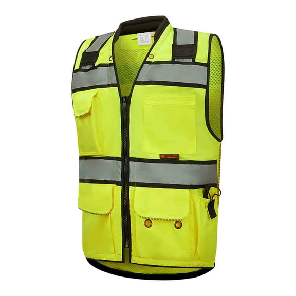 3C Products Premium Heavy Duty ANSI Class 2 Surveyor's Safety Vest w/ Can Holder, Tablet Pocket, Large Zipper Back Pocket, Padded Collar and Much More Safety Green with Black Contrast - SV3500-S