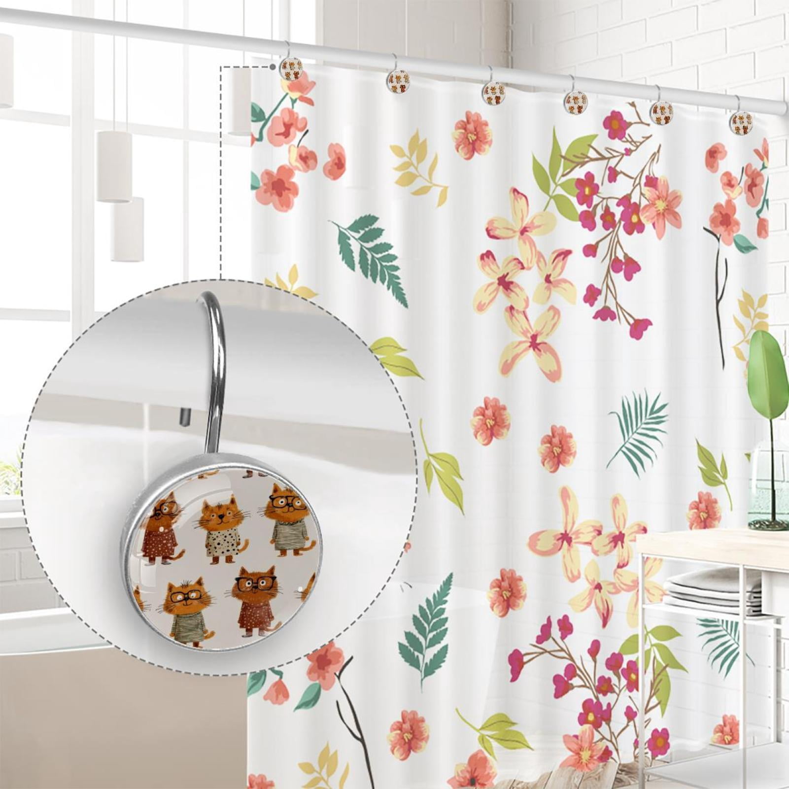 12pcs Decorative Shower Curtain Hooks, Rust Resistant Shower Rings for Bathroom Living Room,Rustproof Stainless Steel Rings for Shower Curtain and Liner Rods,Cartoon Sweater Glasses Cat