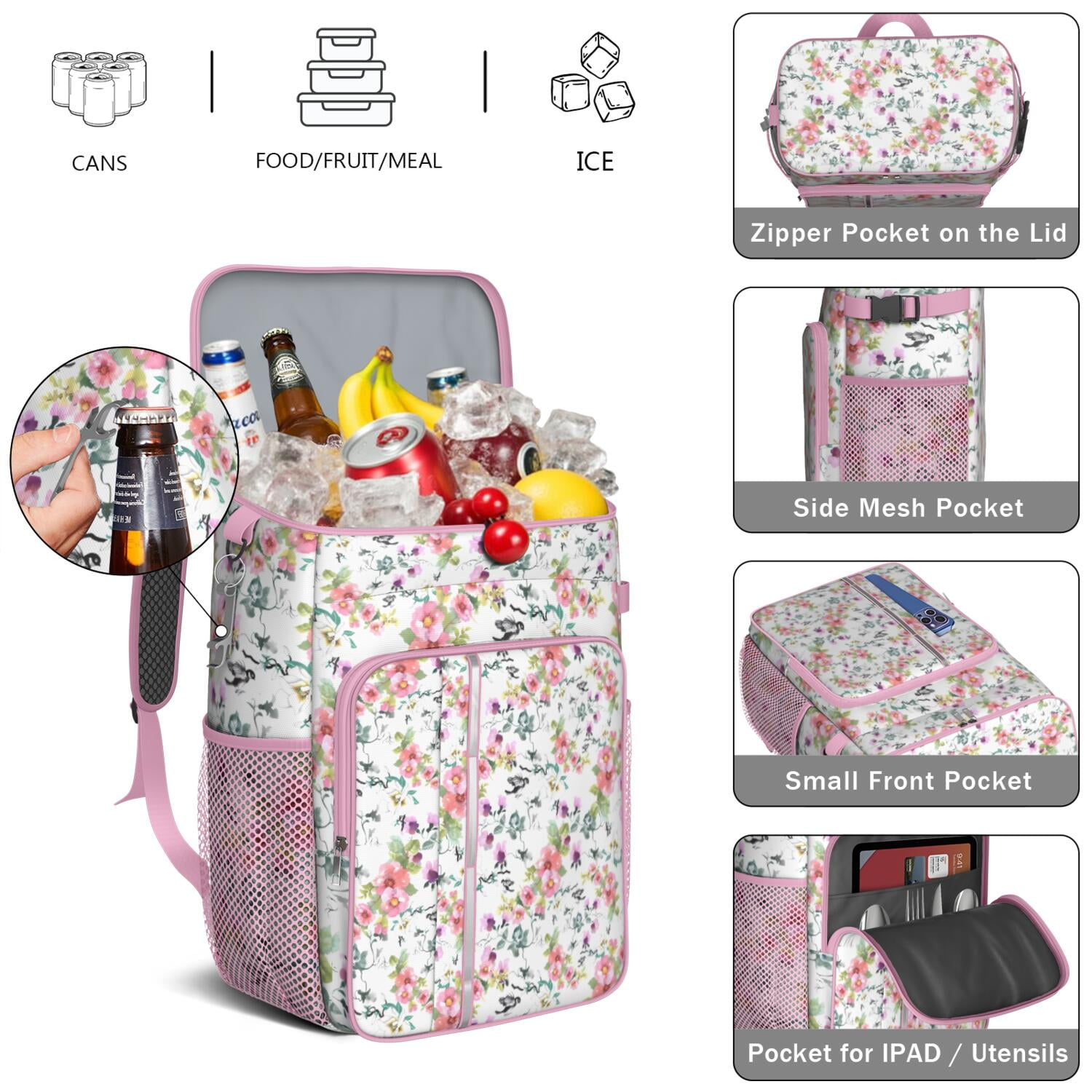Travel Cooler Bag - Pioneer Flower Floral Print Pattern Camping Beer Cooler Backpack with Bottle Opener- Waterproof Insulated Picnic Backpacks - Cooler Bag for Beach