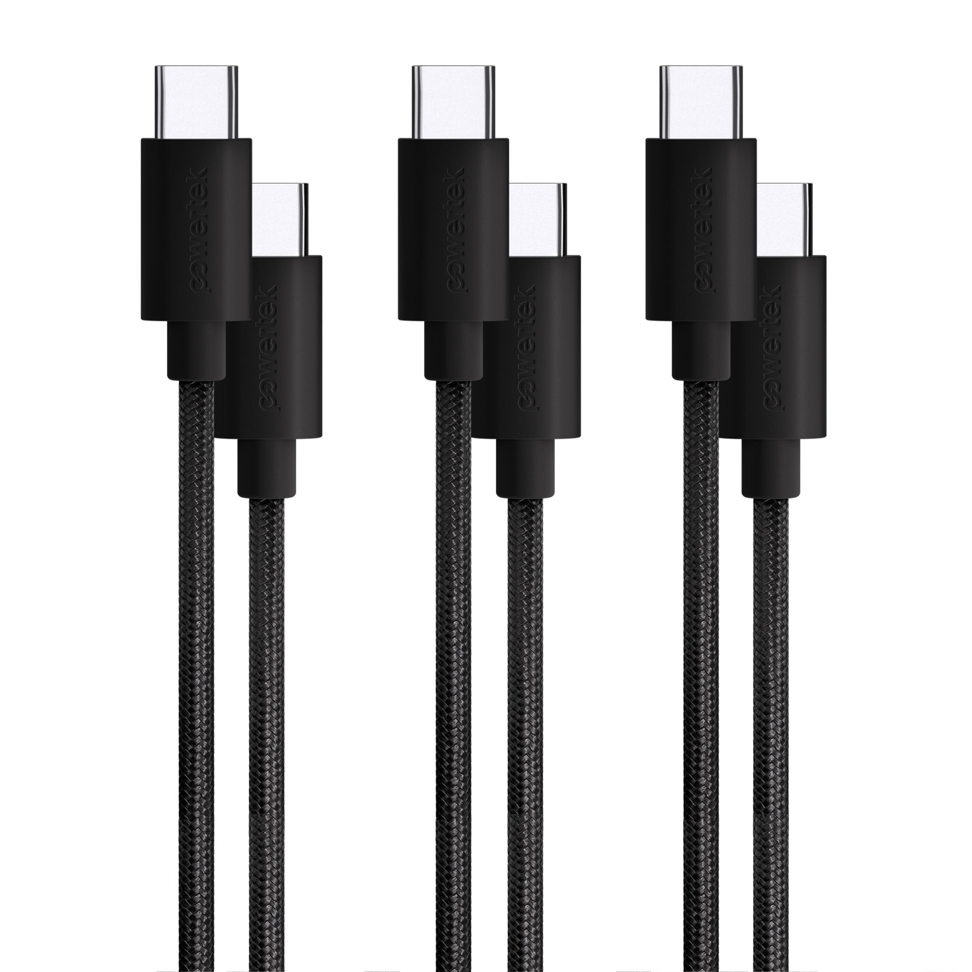 Powertek USB-C to USB-C Cable Bundle 3 Pack Black, 60W Fast Charging Nylon Braided Type-C Cables 3ft 6ft 10ft for iPhone 15 and Newer, Galaxy, Tablets & USB-C Devices