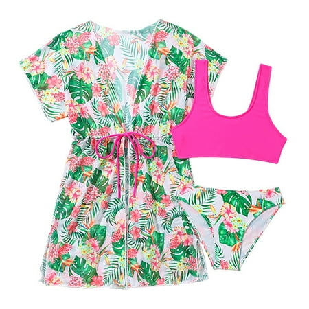 Akiihool Swimsuit for Girls Girls Swimsuit V Neck Bikini Set Color Block with Cover Up 3Pcs Bathing Suits(Pink 10-11 Years)