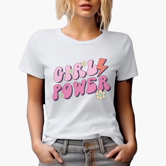 Girl Power, Retro Feminist Art Merch Gift, White T-Shirt, Small