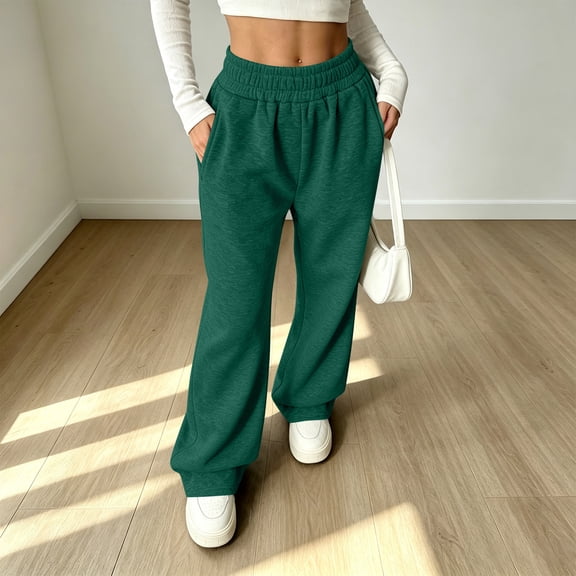 Women Petite Sweatpants Pull On Baggy No Drawstring Fleece Sweatpant Elastic Waist Casual Wide Leg Jogging Pants with Side Pockets