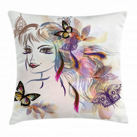 Fairy Throw Pillow Cushion Cover, Beautiful Girl Drawing Design with Butterflies Nature Illustration Facial Expression, Decorative Square Accent Pillow Case, 20 X 20 Inches, Multicolor, by Ambesonne