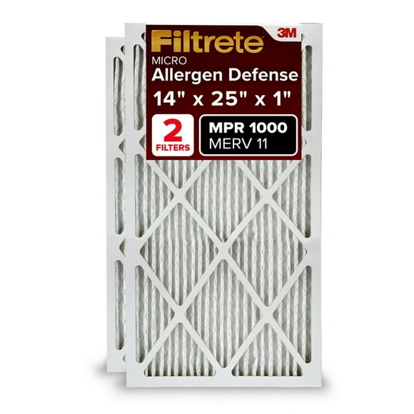 Filtrete 14x25x1 AC Furnace Air Filter, MERV 11, MPR 1000, Micro Allergen Defense, 3-Month Pleated 1-Inch Electrostatic Air Cleaning Filter, 2 Pack (Actual Size 13.781 x 24.781 x 0.84 in)