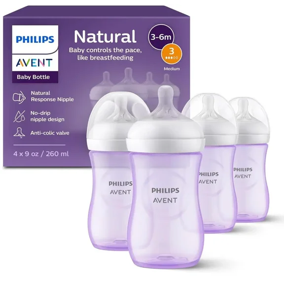 Philips Avent Natural Baby Bottle With Natural Response Nipple, Purple, 9oz 4pk, SCY903/34