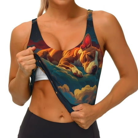Qokaie Colorful Starry Sky Sleep Dog Pattern Womens Scoop Neck Sports Bra Breathable Workout Vest Padded U Back Medium Impact Fitness Gym Yoga Bra Workout Crop Top