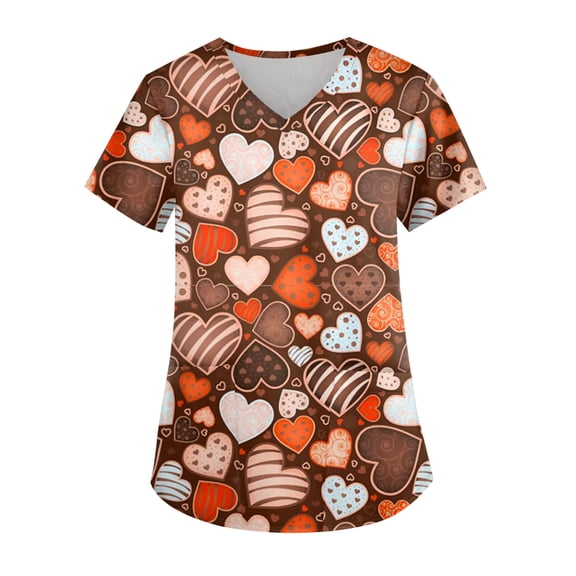Fabrcox S-5XL Valentines Scrubs Tops for Women Plus Size Love Heart Graphic Holiday Scrubs Tops V Neck Short Sleeve Women’s Nurse Uniforms with Pockets