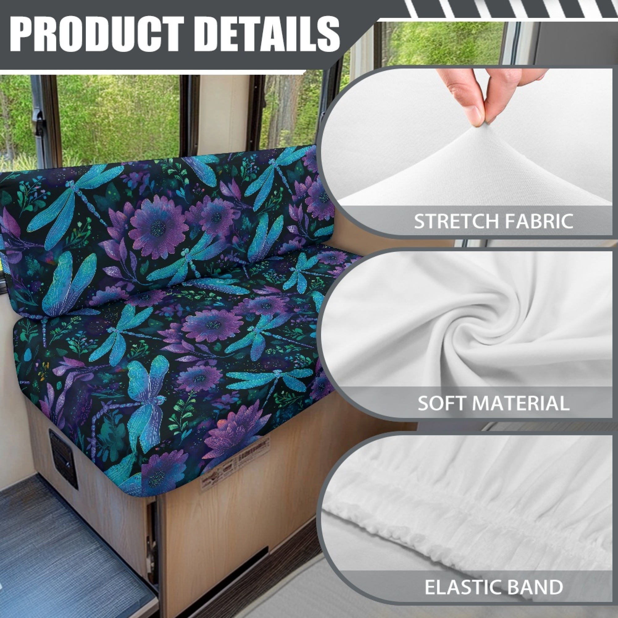 FOR U DESIGNS Dragonfly Cornflower Print 2 Pack RV Dinette Cushion Covers Stretch Camper Cushion Slipcover Non-Slip RV Couch Cover Sofa Slipover for Travel Trailer Couch