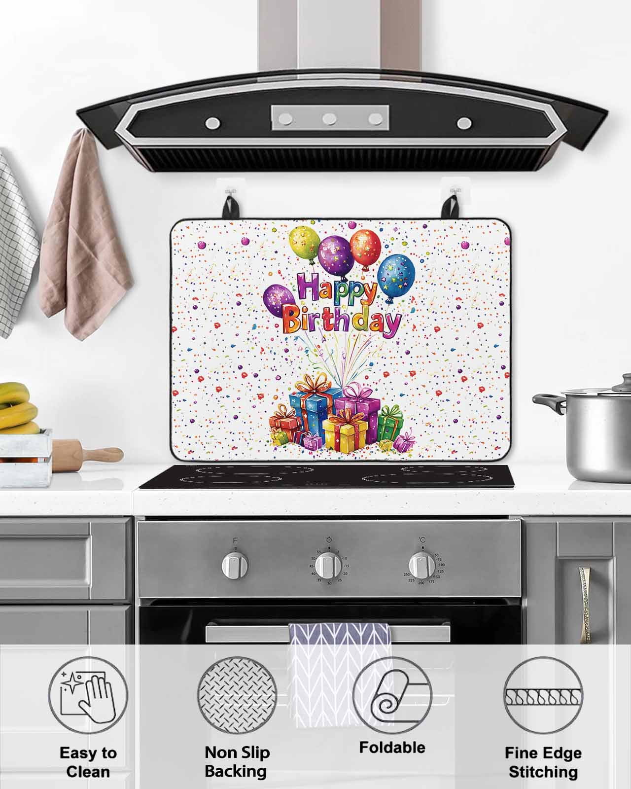 nqOlkjepod Large Induction Cooktop Protector Mat 28.5"x20.5", Happy Birthday Stove Top Covers for Electric Stove, Watercolor Balloon Gifts Patterns Stove Burner Cover Mats, Glass Top Stove Cover