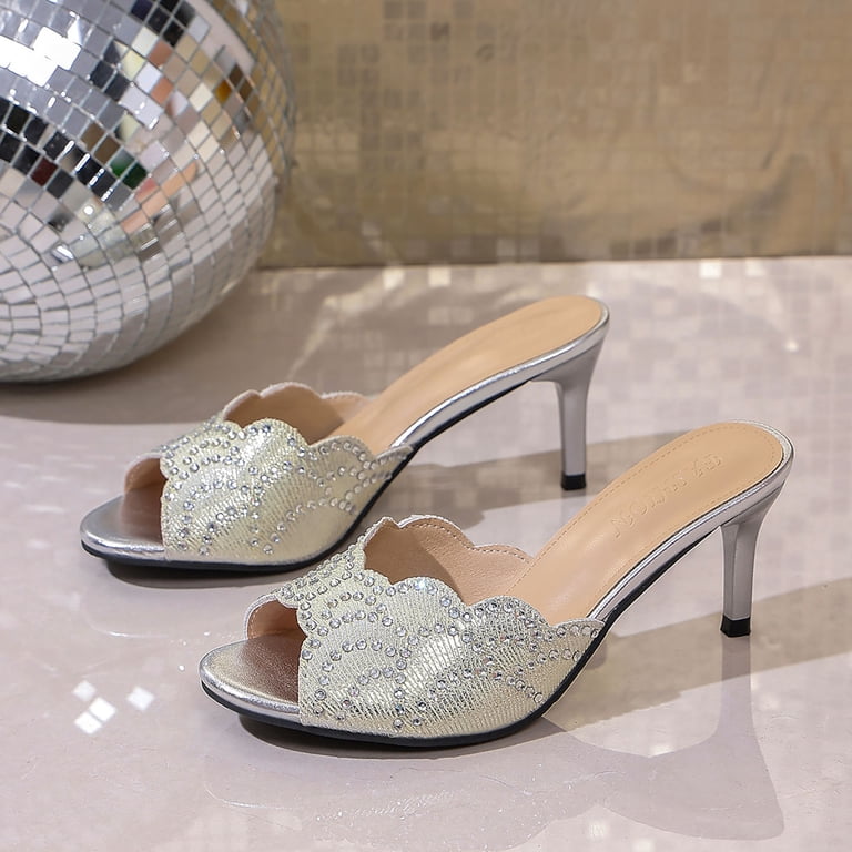silver dress sandals with arch support Modisza Slip on Heels for Women Rhinestone Trendy Dress Sandals Ladies  Summer Party Stiletto Slide Shoes with Arch Support Red Size 9