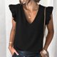 thumbnail image 4 of Blusa superior con cuello en V liso sin mangas con volantes de verano informal a la moda para mujer Pompotops  lopia998759, 4 of 9