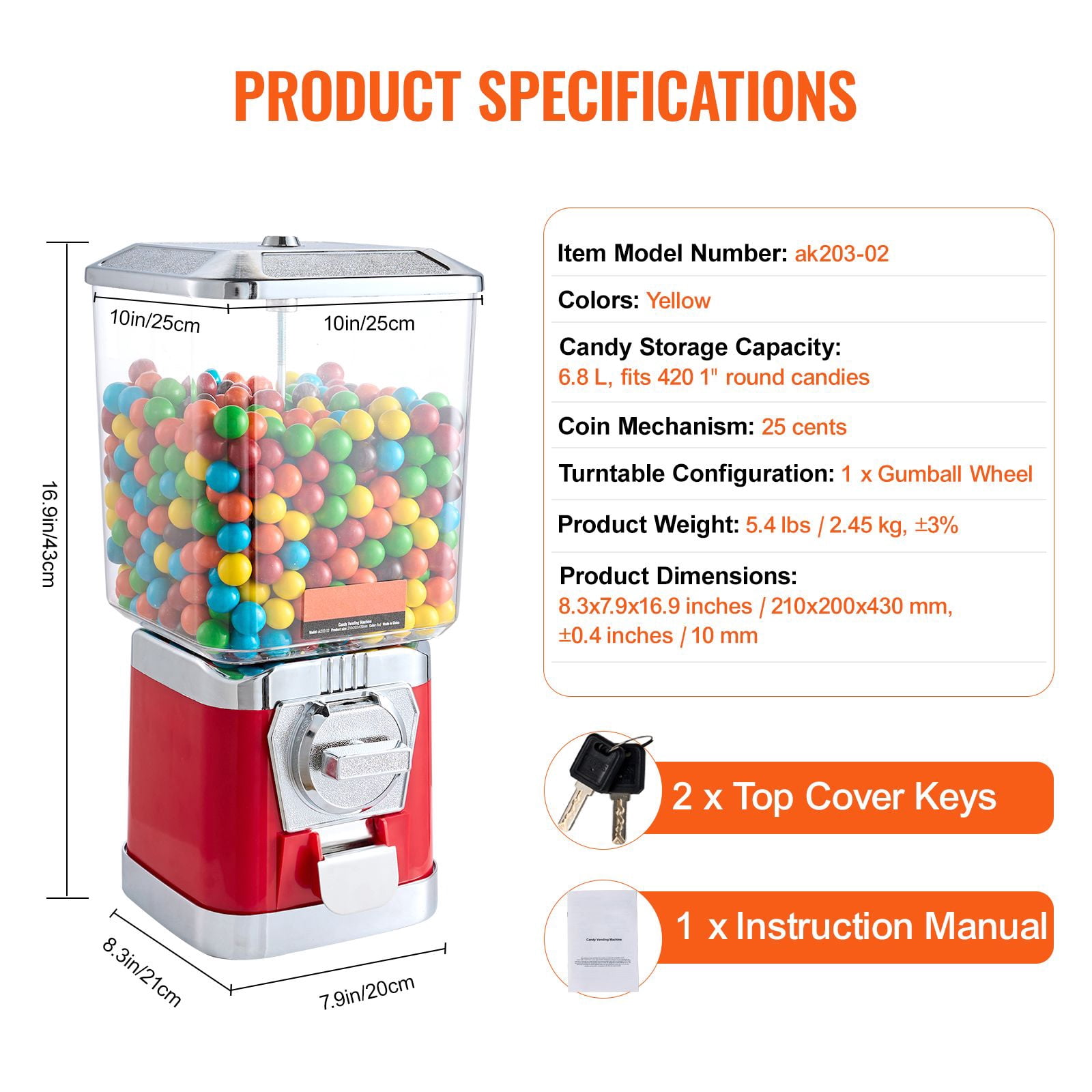6.8L Candy Vending Machine with 25-Cent Coin Operation, Adjustable Candy Wheel, PC Jar, Metallic ABS Body for Gumballs Bouncy Balls