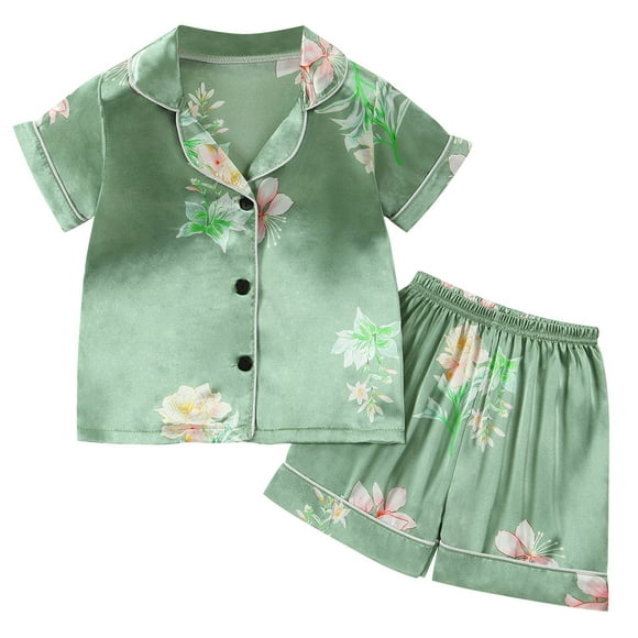 Odeerbi 1-8 Años Niñas Pijama de Verano de Satén Con Solapa de Muesca Camisas de Manga Corta Pantalones Conjunto de Pijama de Dos Piezas
