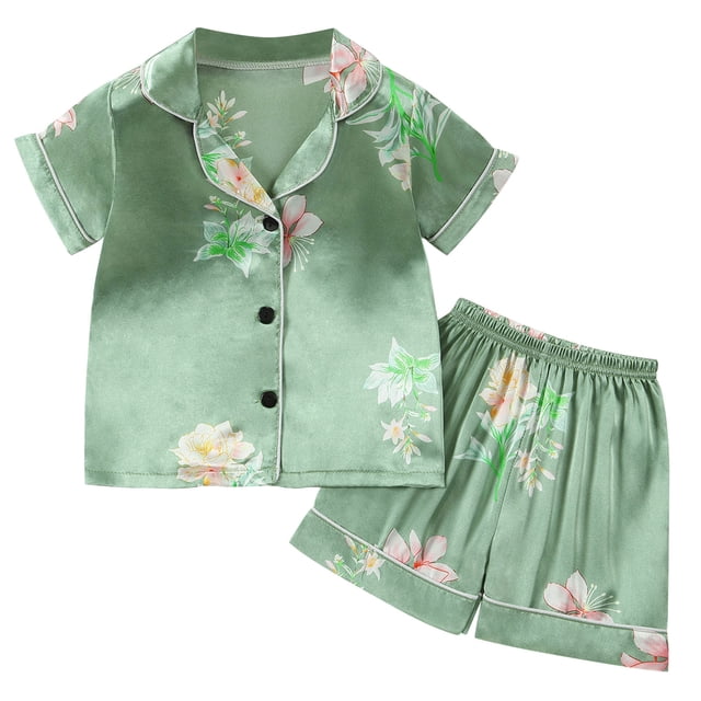 Odeerbi 1-8 Años Niñas Pijama de Verano de Satén Con Solapa de Muesca Camisas de Manga Corta Pantalones Conjunto de Pijama de Dos Piezas