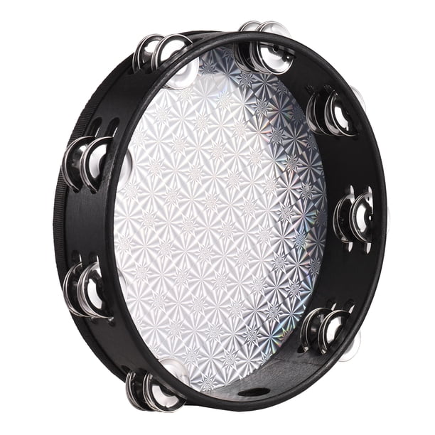 Pandereta Tambor de mano de pandereta radiante de madera de 10 pulgadas con jingles de doble fila, cabeza de tambor reflectante, instrumento de percusión Musical