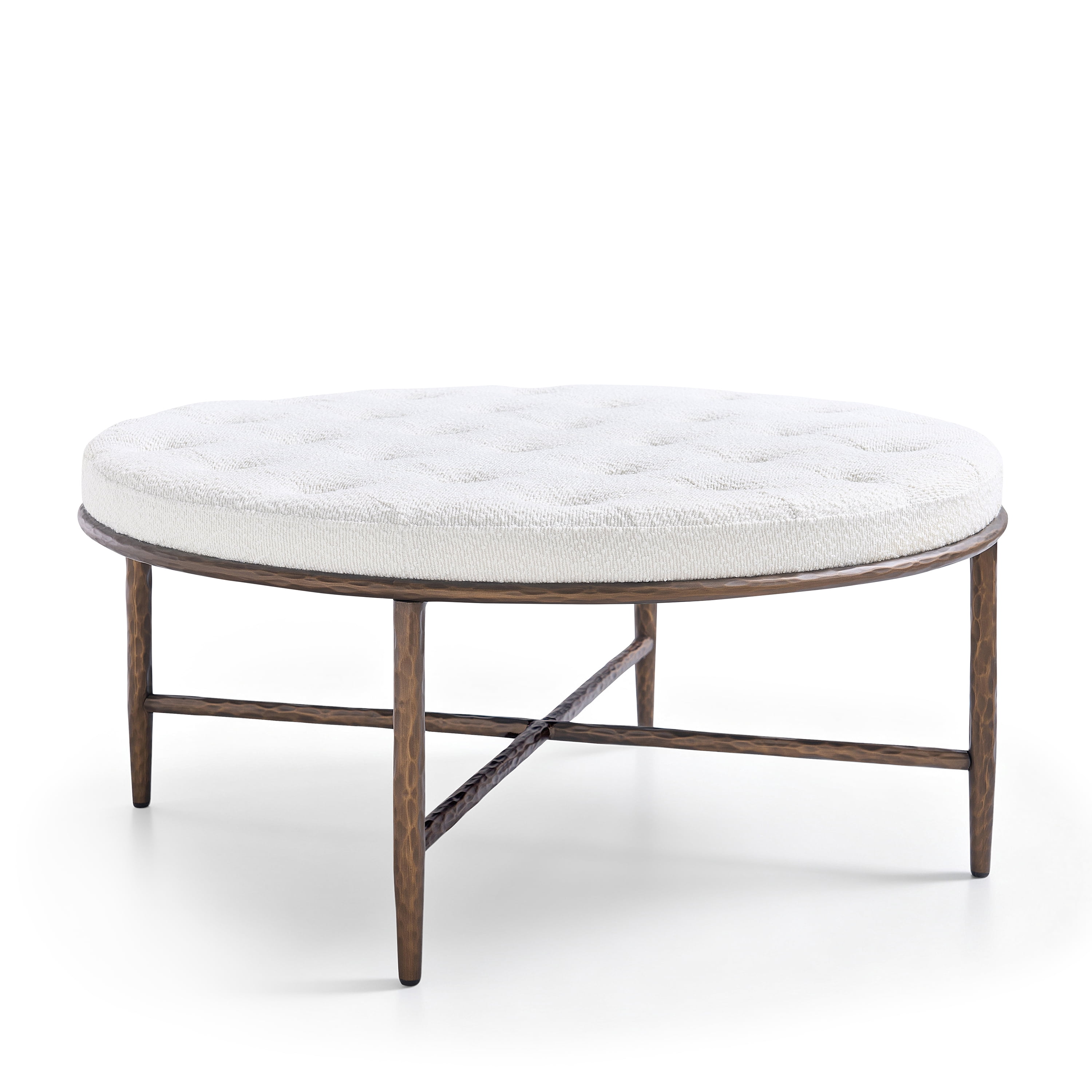 Euroco 36" Round Tufted Ottoman Coffee Table,PU Leather Upholstered Footstool Center Table with Hammered Metal Frame & X-Base for Living Room,Beige