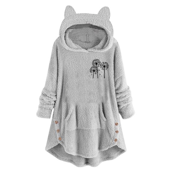 Lovskoo 2024 Women's Hoodies Coat Animal Ear Cap Fuzzy Fleece Tops Cozy Christmas Printing Buttons Long Sleeve Hooded Plush Pullover Gray