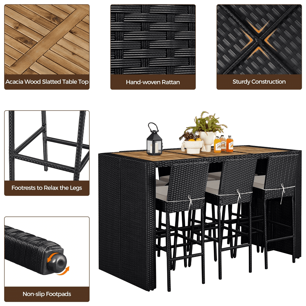 Renwick 7-Piece Outdoor Bar Table and Chairs Set with Wood Top and Cushions, Black/Beige