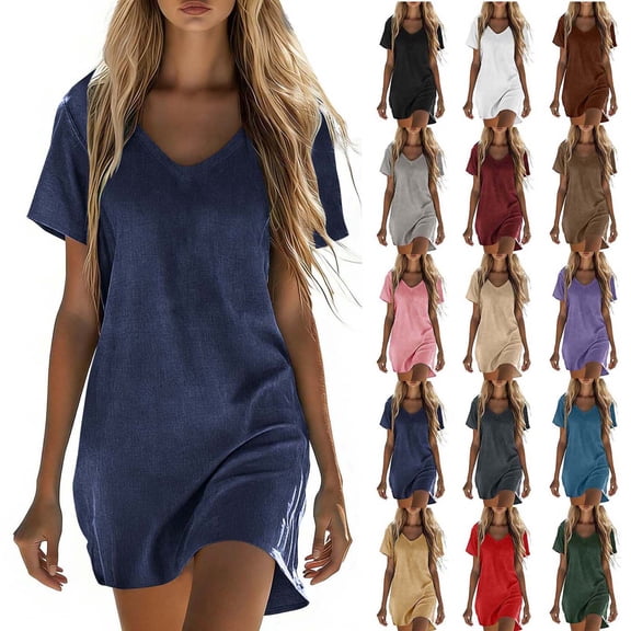 Women’s V Neck T Shirt Dress Casual Loose Mini Dress Short Sleeve Tunic Dress Soft Lightweight Summer Lounge Daily Wear