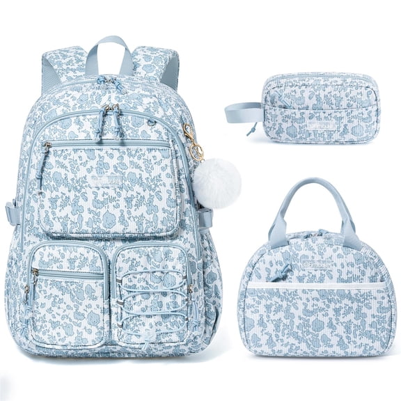 3PCS Corduroy Backpack with Lunch Box & Pencil Pouch, Lightweight Laptop Bag Travel Daypack, Blue Floral