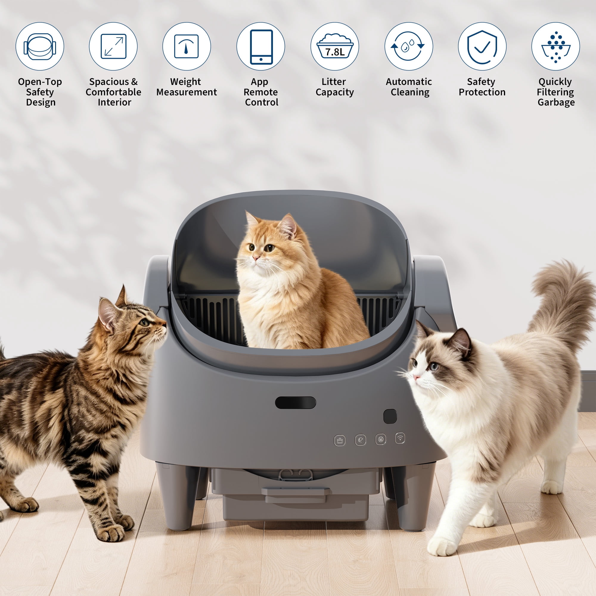 Roromall Self-Cleaning Cat Litter Box, Automatic Litter Box with Open-Top, 15-Layer Safety Protection System & Smart App Control, Cat Litter Box with Adjustable Entry Height & Odor Control