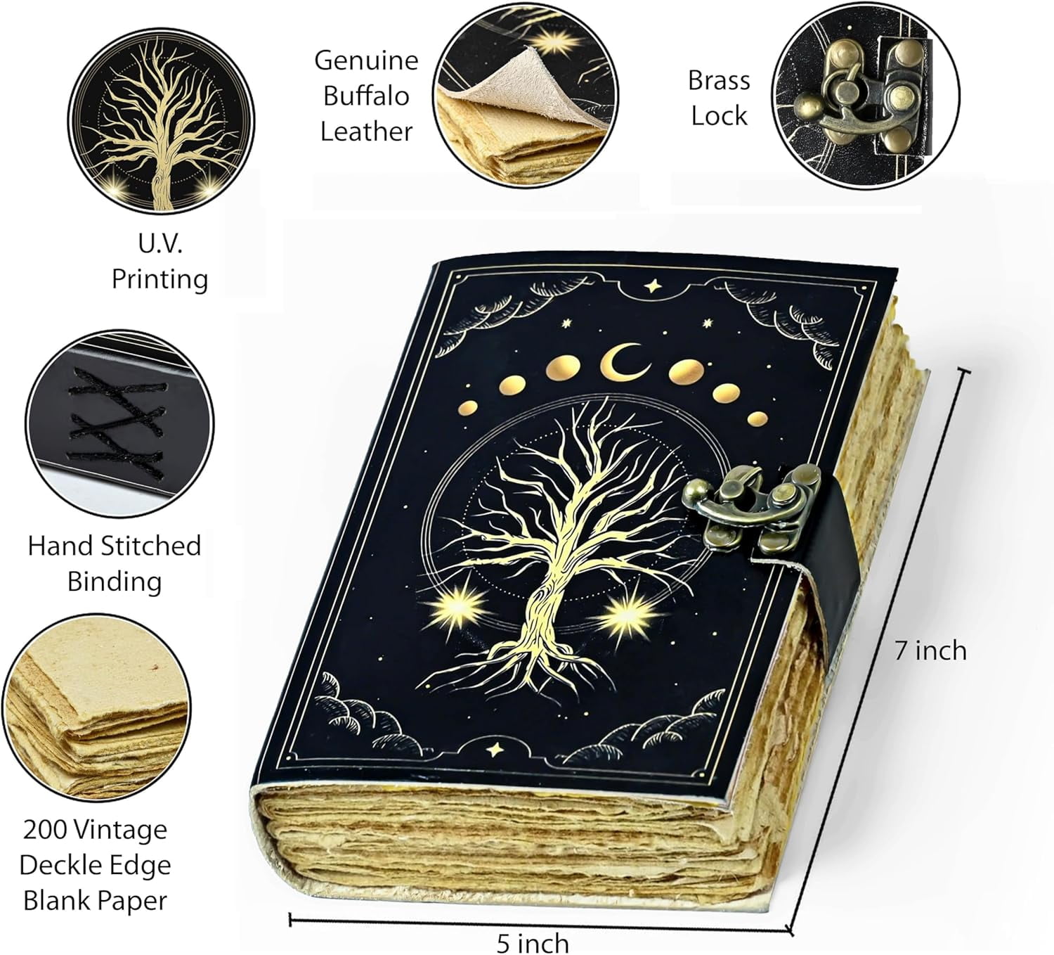 Leather Journal Tree of Life Leather Notebook Blank Spell Book book of shadows Journal with color printed Embossed design Antique Vintage 200 Pages (7x5 Inches)