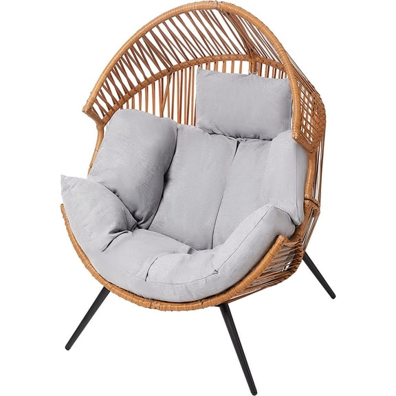 LUCKYBERRY Patio Outdoor & Indoor Egg Chair PE Rope Open Weave Egg Chair with Stand Lounge Chair for Front Porch, Backyard, Living Room, Bedroom Grey