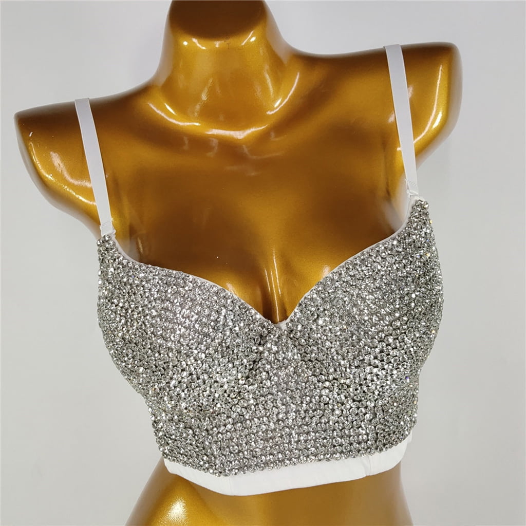 Women Glitter Diamond for Rhinestone Push Up Bra Bustier Underwire Padded Spaghetti Strap Camisole Sexy Punk Corset Crop