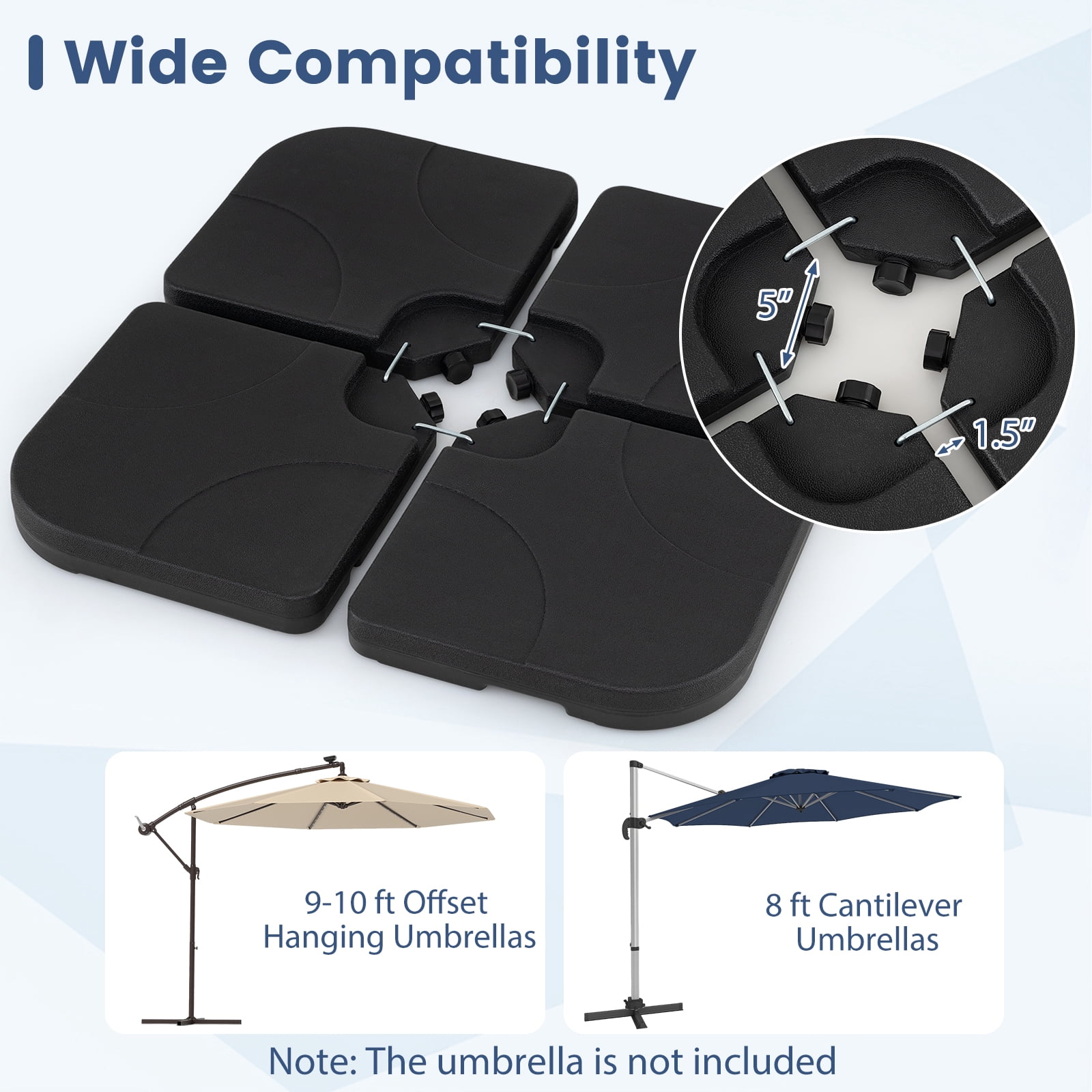 Patiojoy 4-Piece Heavy Duty Cantilever Umbrella Base 164 LBS/72 KG Square Patio Umbrella Stand with Easy-to-Fill Spouts