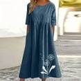 thumbnail image 6 of Women's Floral Printed Cotton Linen Short Sleeve Casual Dress for Summer Spring Daily Wear Knee-Length Pullover Blouse with Round Neck, 6 of 8