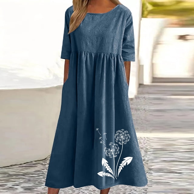 Meichang Robes en Coton et Lin pour Femmes Grande Taille, Robes Midi à Imprimé Pissenlit, Manches Courtes, Col Ras du Cou, Robes Plissées à Taille, Robes Décontractées avec Poches, Bleu Marine m