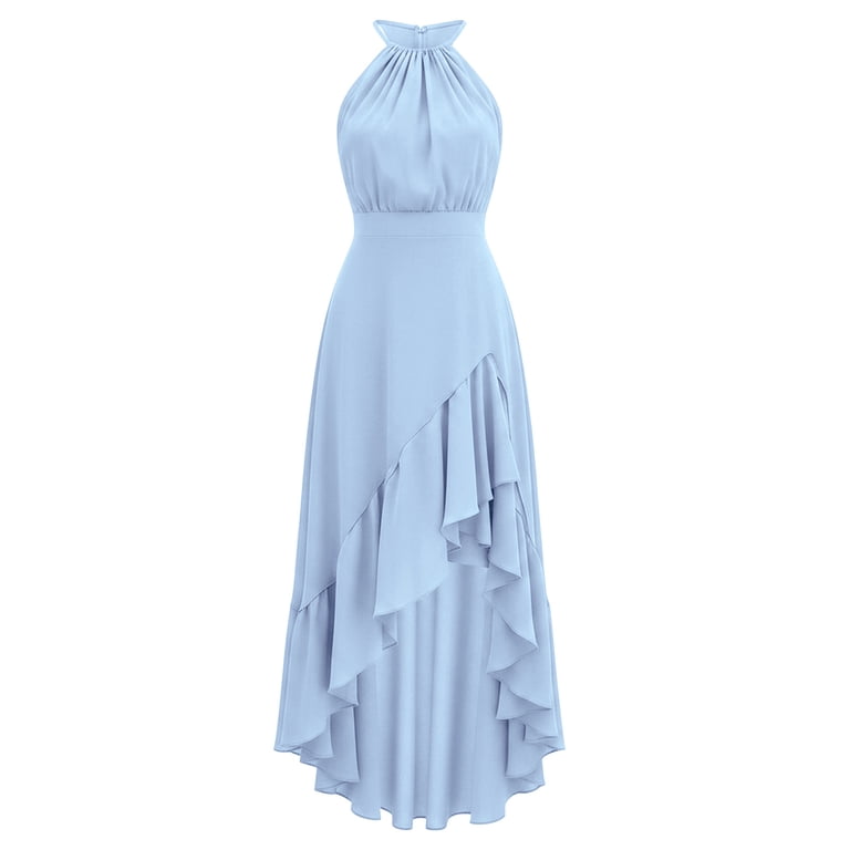 formal gown ruffled high low dress custom size Floleo Women's Halter Neck High-Low Ruffle Maxi Sleeveless Chiffon Wedding Guest Dress Ruched Waist Asymmetrical Party Dress Elegant Flowy SoCal Lit