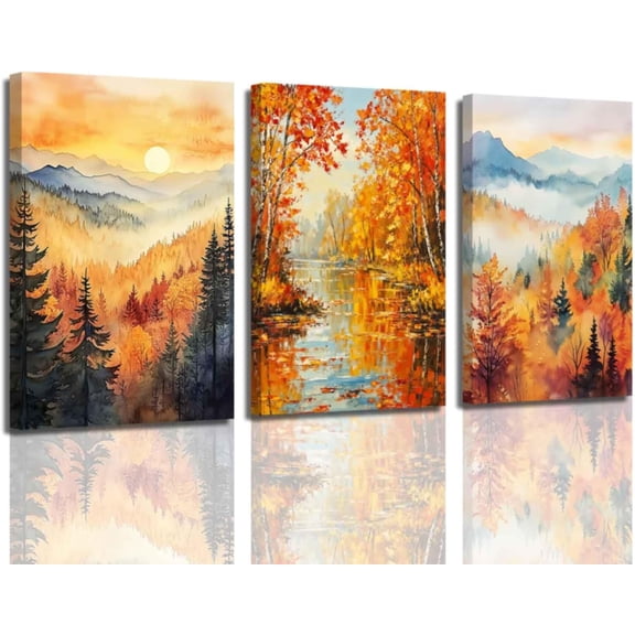 Fall Forest Wall Art 3 Piece Maple Tree Canvas Prints Autumn Forest Path Picture Woodland Scenery Paintings for Living Room Bathroom Decor Framed (Orange, 12.00" x 16.00" x 3PCS)