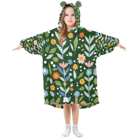 FORMRS Wearable Blanket Hoodie with Sleeves for Kids Cozy Flannel Sweatshirt, Flourish Flowers Pattern
