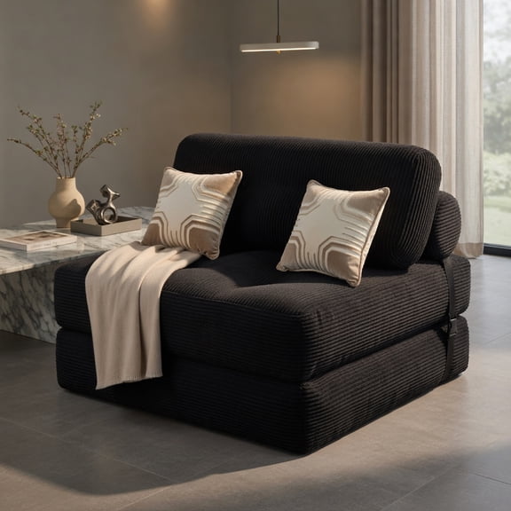 Hommoo 3-in-1 Folding Sofa Bed with Back Support & Pillow, Corduroy Convertible Sleeper for Living Room, Bedroom, Guest Room, Black