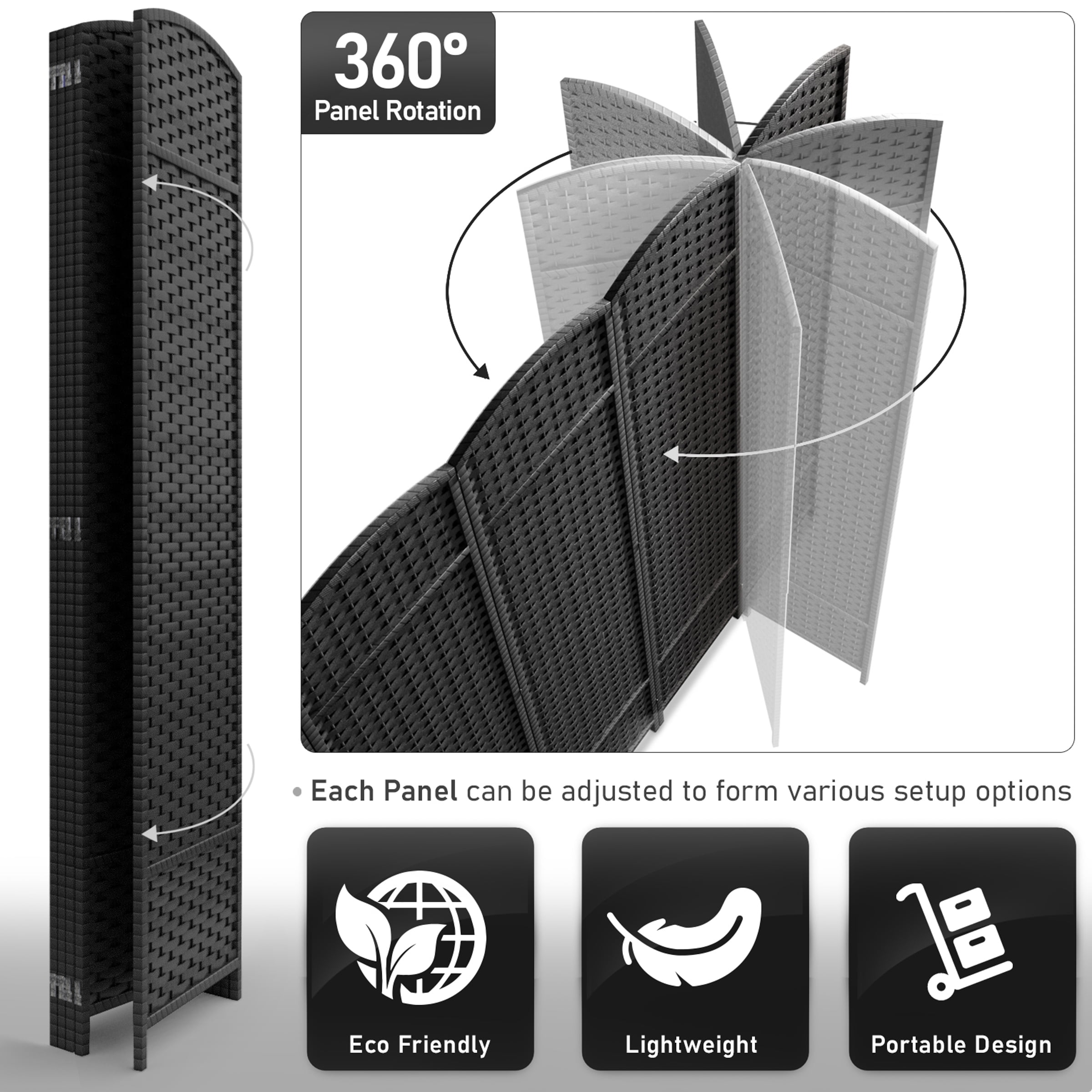 Sorbus 5-Panel Wide Folding Room Divider Privacy Screen, Hand-Woven Black Mesh