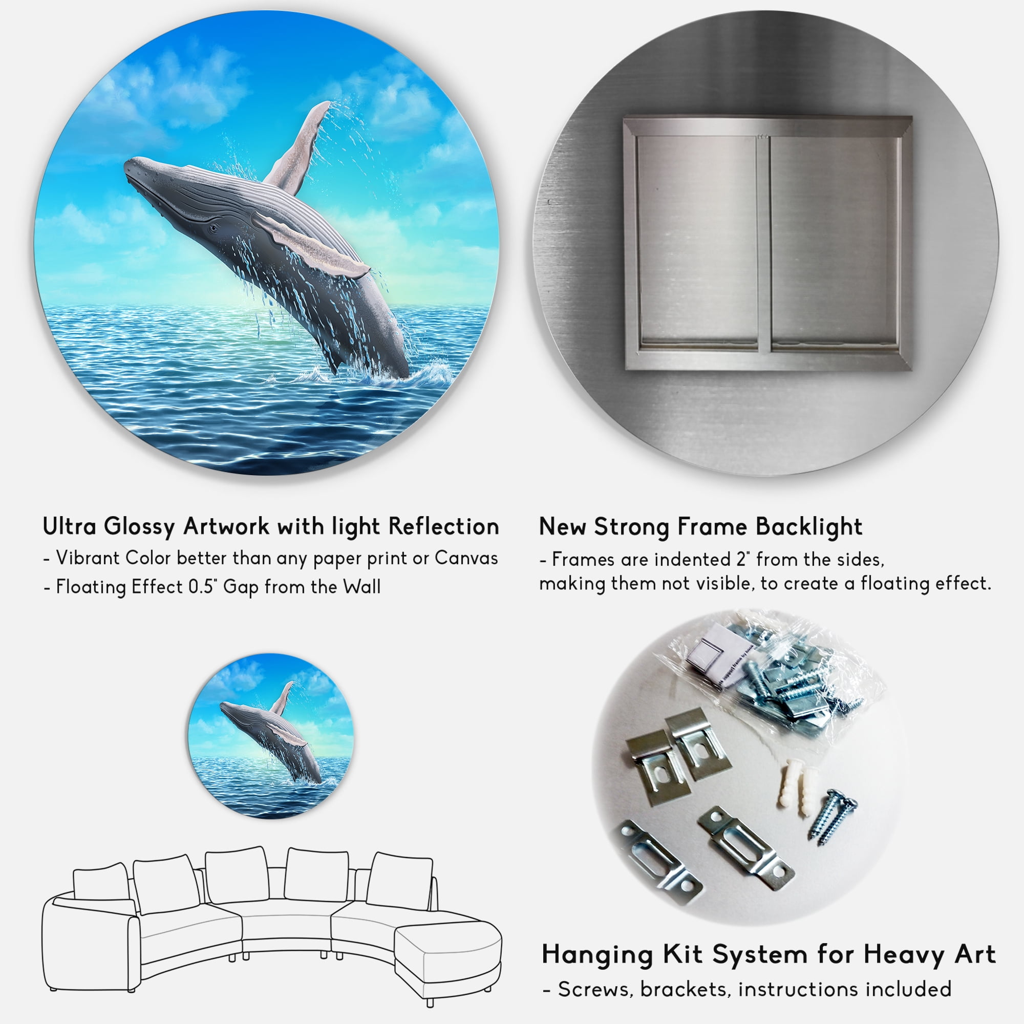 Designart 'Humpback Whale Jumping Out of Sea' Farmhouse Circle Metal Wall Art 11x11 - Disc of 11
