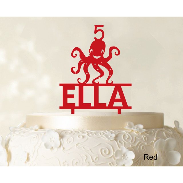 Birthday Custom Name Cake Topper With Octopus Figure Red Cake Topper Cake Decorations Color Option Available 6-7 Inches Wide