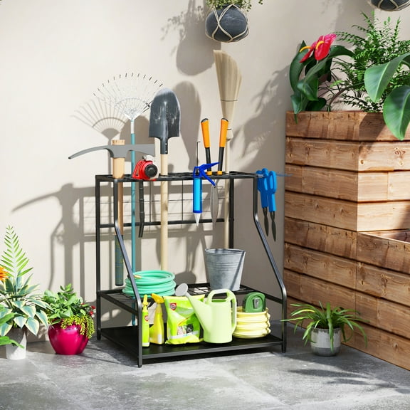 Outsunny Garden Tool Organizer for Garage, 3 Tier Yard Tool Storage Rack with Hooks, Blue
