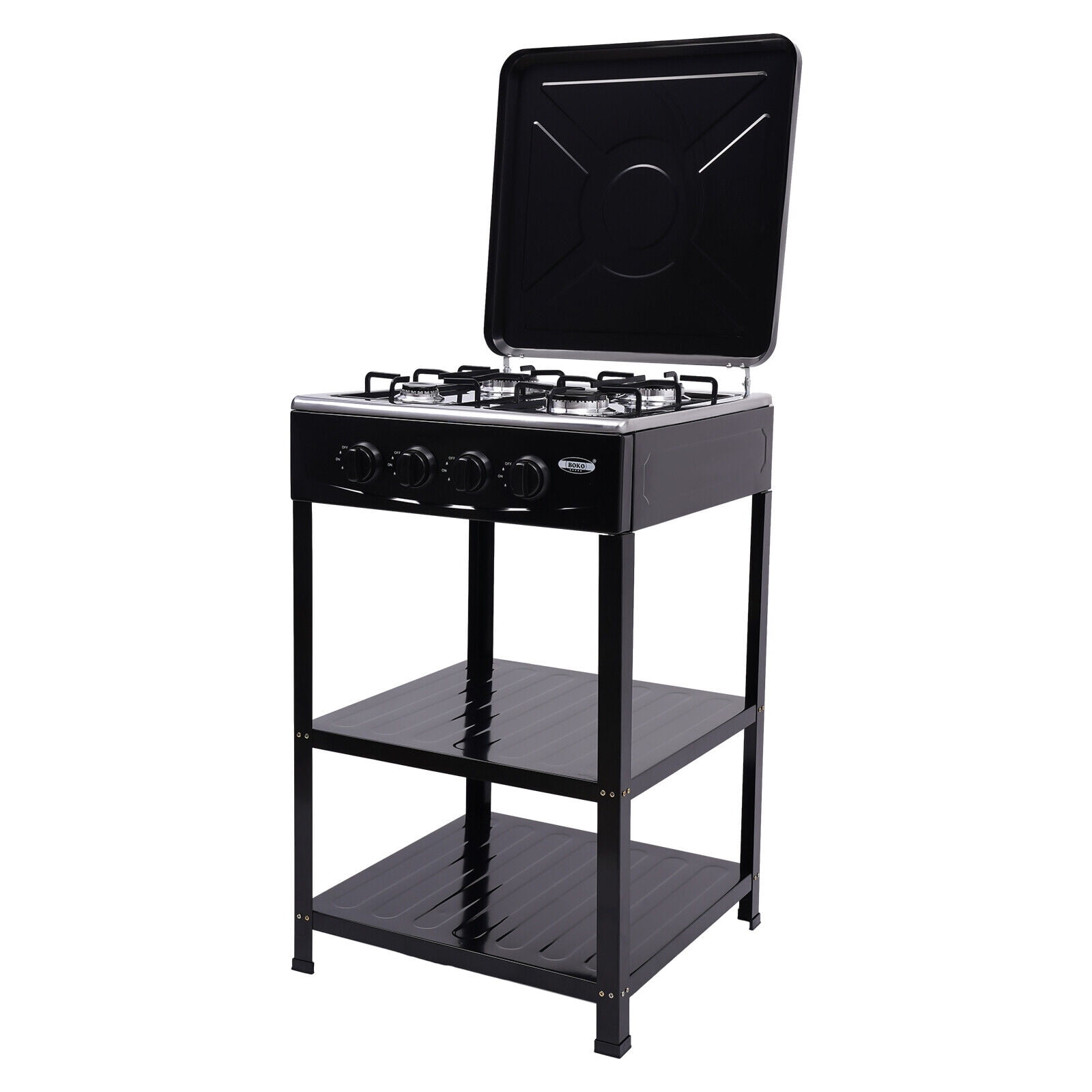 ToppiJoy 4 Burner Portable Gas Stove Outdoor Stove with Support Leg Stand and Wind Blocking Cover Stainless Steel Propane Camping Stove (Black)