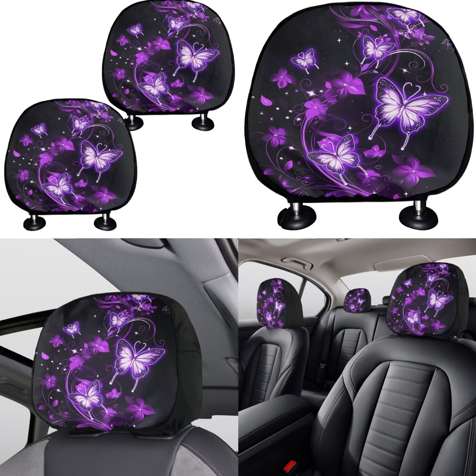Jeiento 11 Pack Car Seat Covers Full Set for Women Men, Auto Interior Accessories with Keychain Coasters Gear Shift Cover Handbrake Cover Headrest Cover, Purple Butterfly Pattern