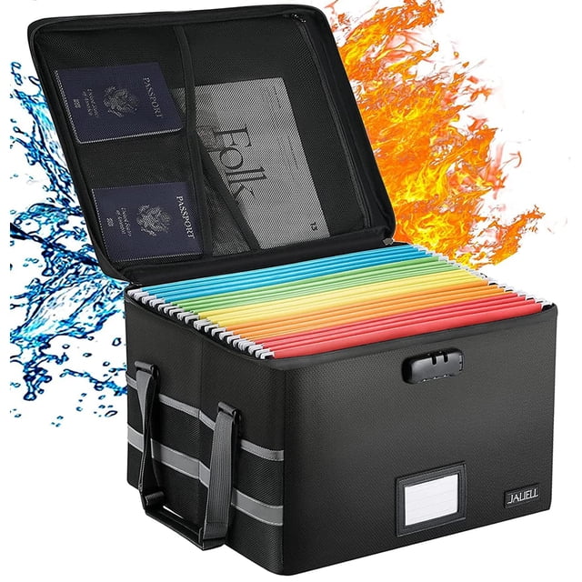 Caja para archivos JALIELL ignífuga, con cerradura, plegable y organizadora