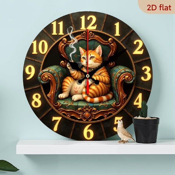 A wall-mounted clock featuring a retro gentleman cat as the theme, with golden numbers surrounding it. The overall style is absurd yet full of retro elegance.