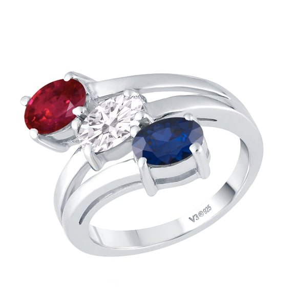 Sterling Silver with Ruby, White Topaz and Blue Sapphire Three Stone Ring