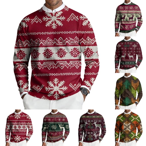 Crew Neck Sweaters for Men Long Sleeve Christmas Print Knit Sweaters for Men Casual Fall Winter Pullover Tops Brown S